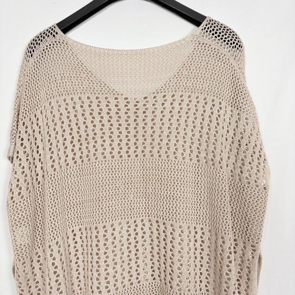 Tan Open Knit Block Lightweight V-Neck Oversized Reversible Short Sleeve Poncho - Picture 3 of 6
